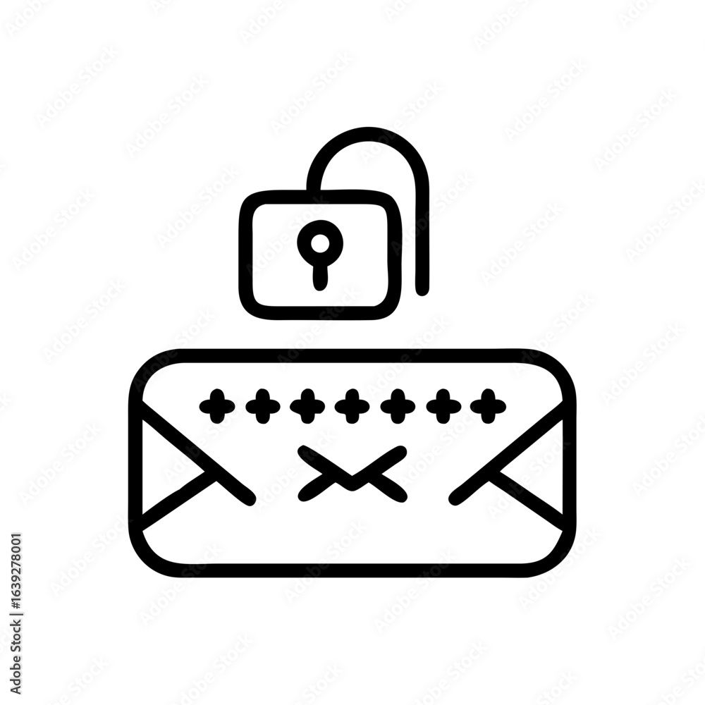 Poster open padlock above an envelope with plus and x marks representing a password security concept icon