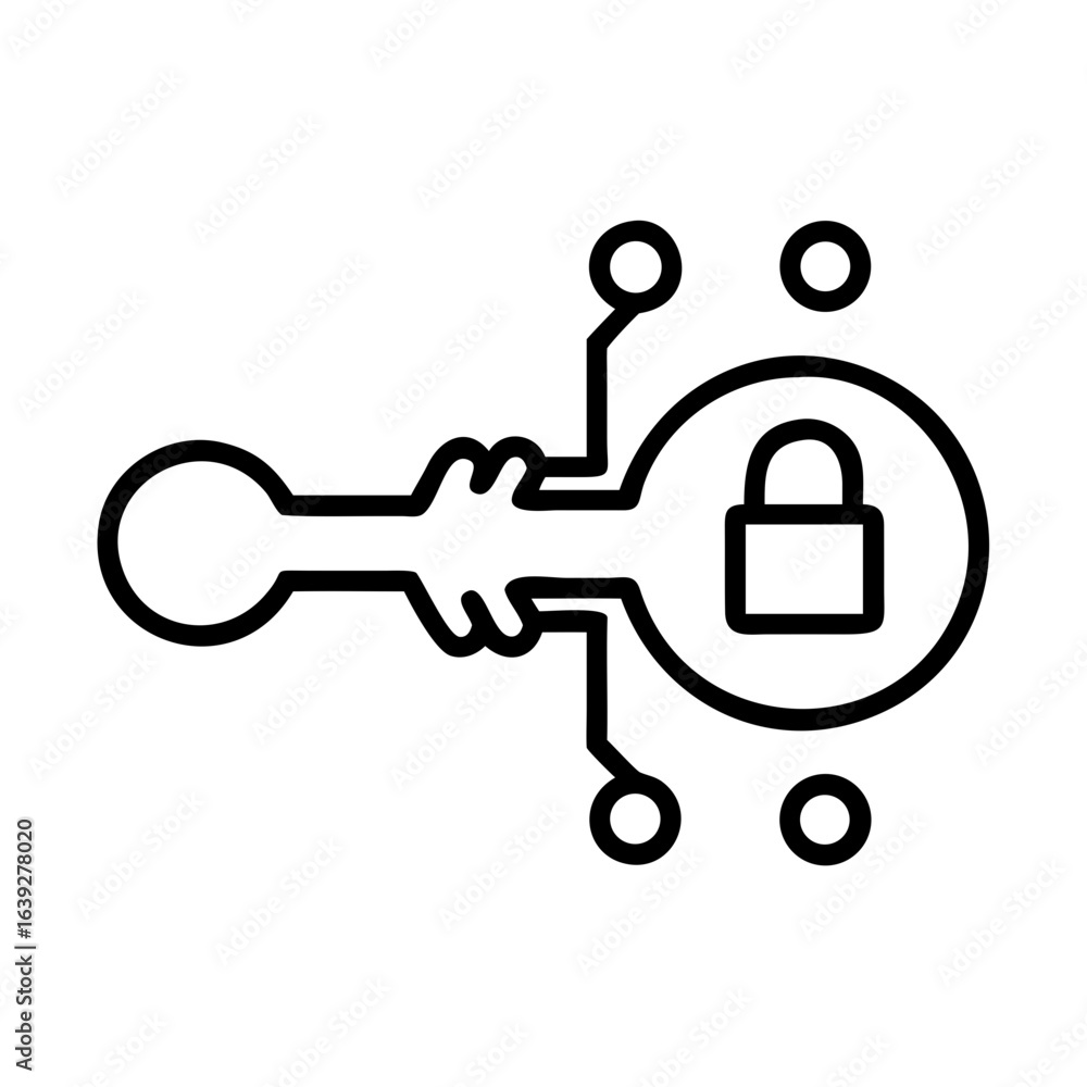 Poster illustration of a key with a lock inside a circle and connected to smaller circles on a white backgr