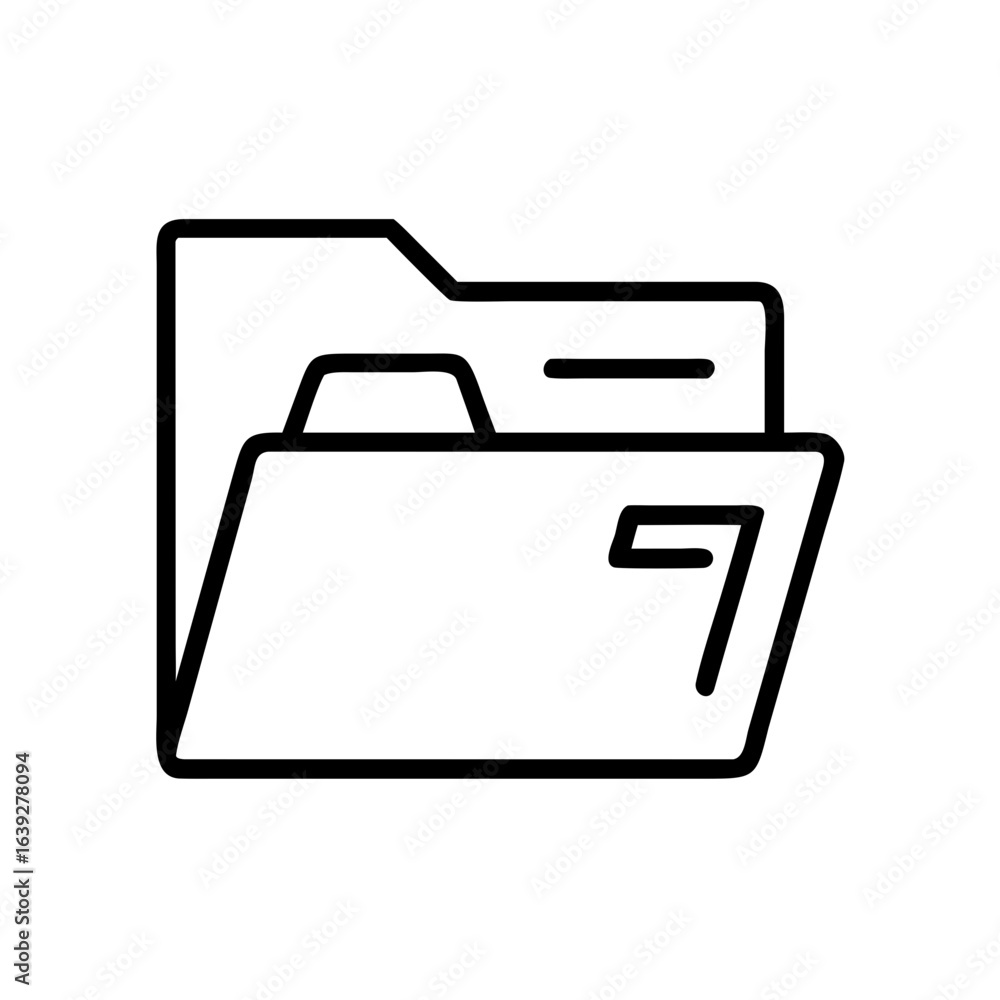 Poster illustration of an open folder with document inside in simple black outline style on a white backgro