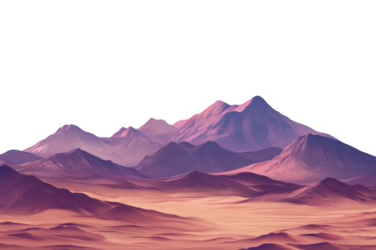 Vast desert landscape with a majestic mountain range under a soft pastel sky during twilight hours