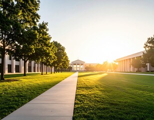 Sunlit pathway through lush green landscape with architectural features