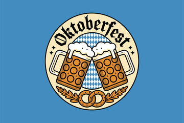 Oktoberfest beer mug and pretzel badge, blue round festival icon, German celebration poster, party card, t-shirt graphic