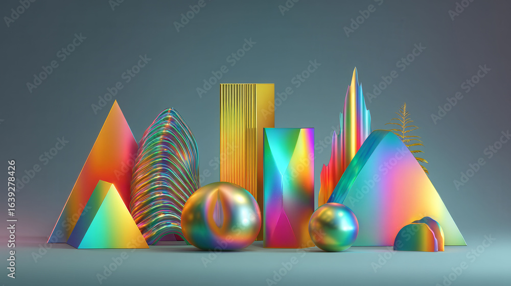 Poster a colorful array of geometric shapes and spheres, including a large pyramid and a small sphere, are 