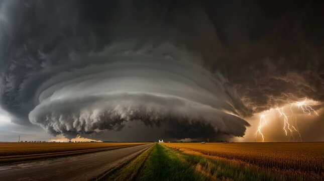 Tornadic storm system spinning above the flat plains of the American Midwest, with dramatic lightning strikes