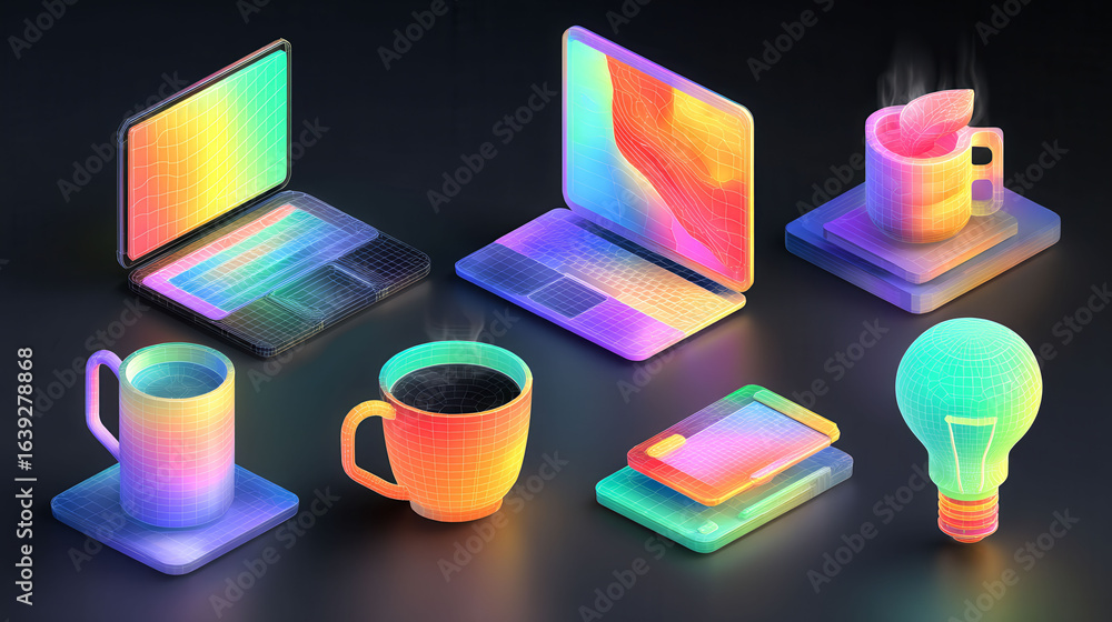 Poster a set of colorful laptops, tablets, and cups are displayed on a black background. the laptops and ta