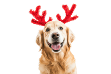 Happy dog wearing festive red reindeer antlers sitting and smiling against a white background during the holiday season