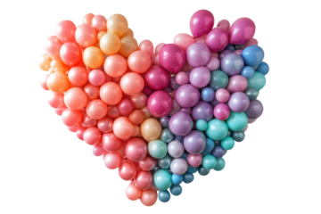 Heart-shaped arrangement of multicolor balloons in vibrant hues perfect for parties and celebrations in festive decor