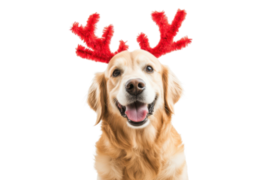 Happy dog wearing festive red reindeer antlers sitting and smiling against a white background during the holiday season
