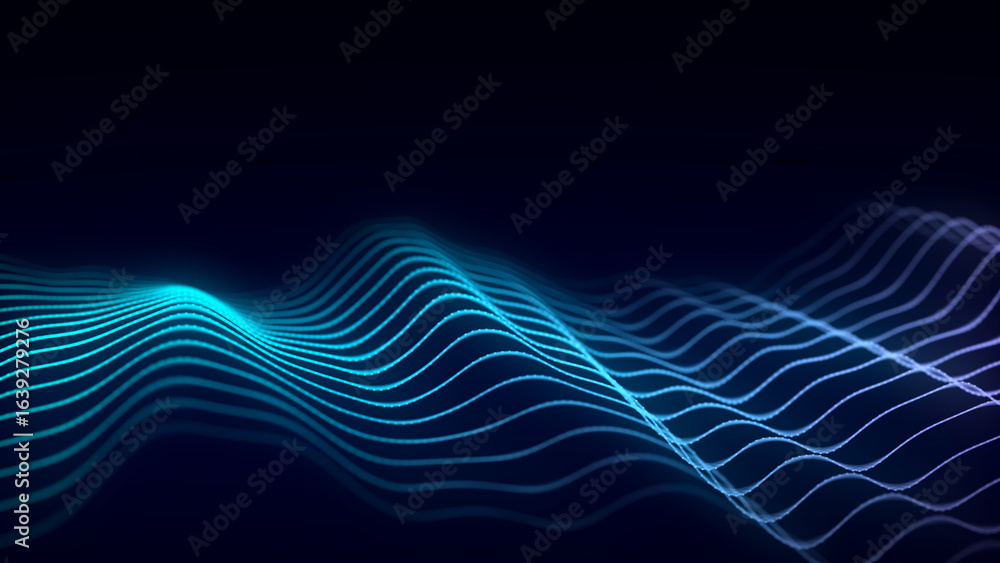 Poster color abstract wave background with dots and lines moving in space. technology illustration. futuris
