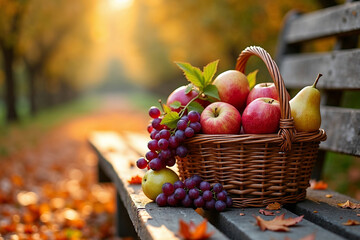 Fall Harvest Concept with a Basket of Fruit and Fallen Leaves