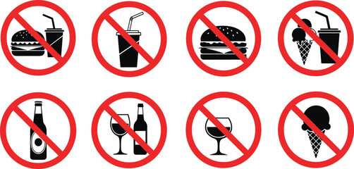 No food and drink signs, prohibition icons, no burger, no soda, no ice cream, no beer, no wine, no eating, no drinking, red circle slash