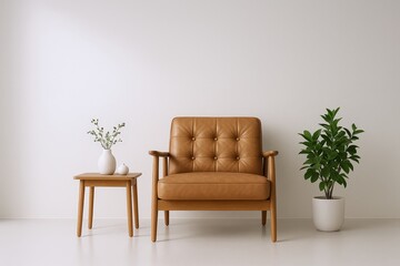 Elegant Mid-Century Modern Armchair with Side Table and Potted Plant in a Minimalist Interior Setting