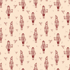 Whimsical hand-drawn Christmas seamless pattern with Nutcracker. Vector pattern in red color