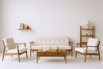 Minimalist Mid-Century Modern Living Room Ensemble Featuring Cream Upholstered Furniture and Warm Wood Accents