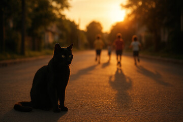 Black cat, running kids, and golden sunset on street