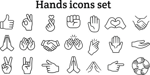 Outlined hands icons set depicting gestures like thumbs up, ok sign, handshake, heart shape, prayer, clapping, pointing, and love sign, Concept of communication, emotions, and expressions
