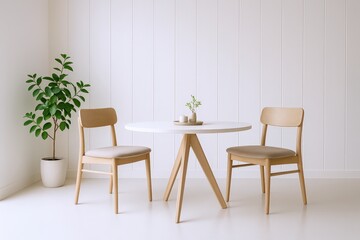Minimalist Scandinavian Dining Set with Two Chairs and a Round Table, Featuring a Potted Plant and Subtle Decor