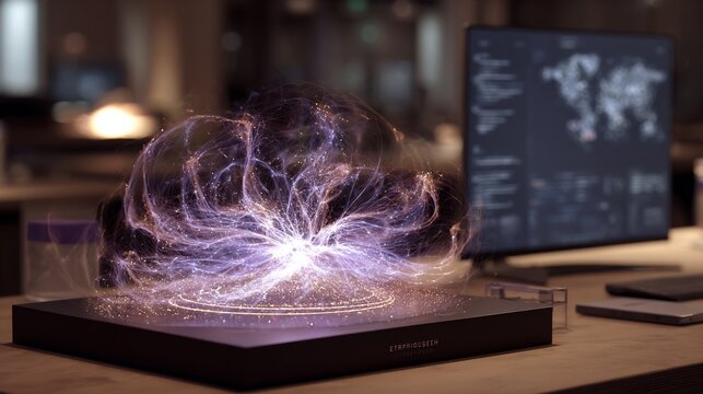 Abstract artificial intelligence concept with glowing particles and digital network on a computer screen