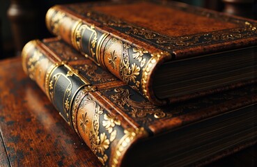 Antique leather-bound books with ornate gold detailing stacked on wooden surface