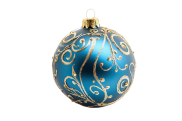 Elegant blue Christmas ball decoration with intricate golden swirls isolated on a white background perfect for holiday ornamentation and festive decor enhancement