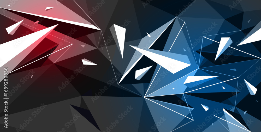 Poster low poly background with particles debris in motion and color spotlights vector design, 3d dynamic s