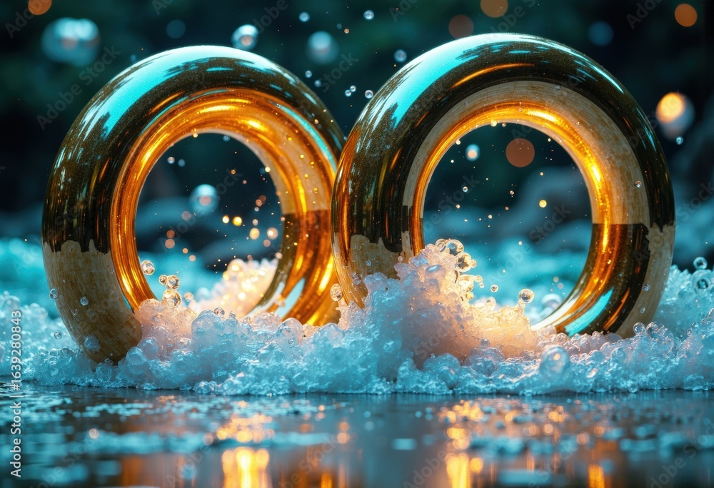 Poster golden rings floating on water with splashes and reflections creating a vibrant and dynamic scene