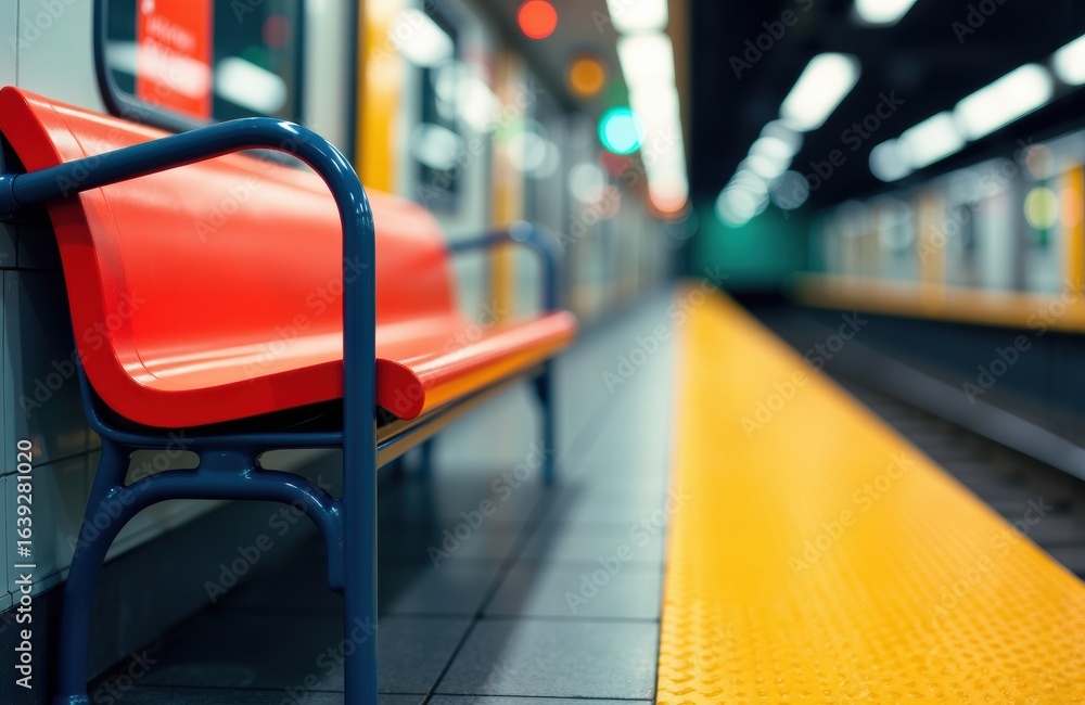 Poster empty subway platform with a red bench and yellow tactile paving for visually impaired passengers