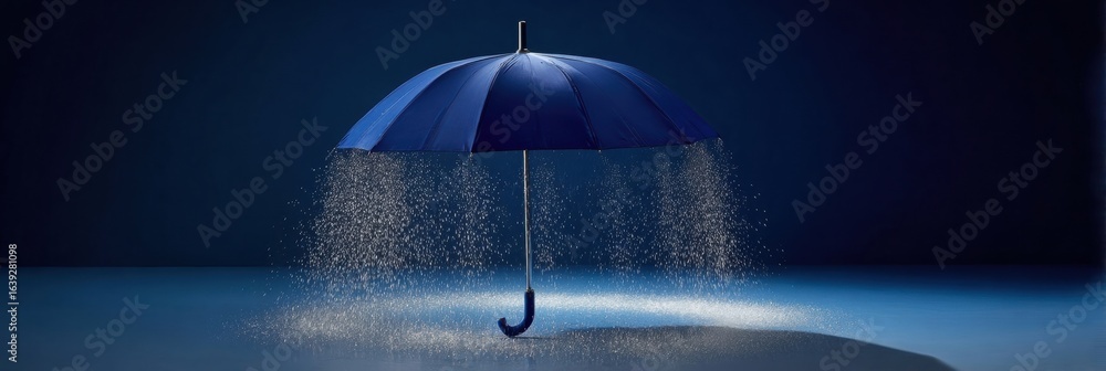 Poster blue umbrella stands under rainfall with illuminated backdrop in a creative display of design and ar
