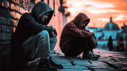 Two homeless drug users on pavement