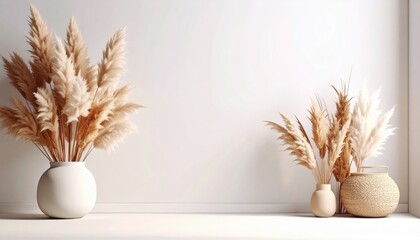 Naklejka premium Decorative dried pampas grass arrangements minimalist interior home decor bright environment eye-level view aesthetic inspiration