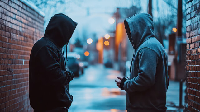 Two sketchy young men talking in alley, probably discussing some highly illegal stuff