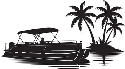 Relaxing Pontoon Boat Trip on Tropical Island Silhouette Vector Black on White Isolated © rs_studios