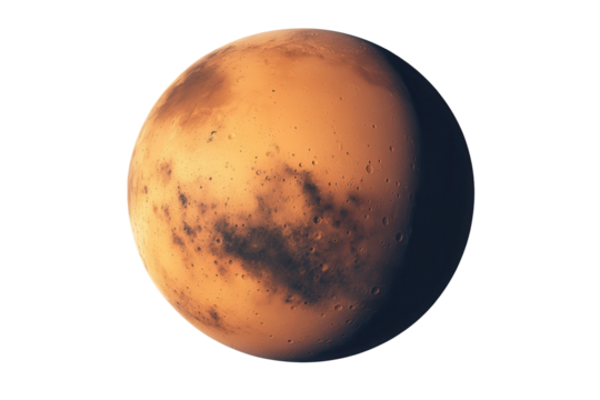 Mars planet showcasing red rocky surface with detailed texture on transparent background, highlighting its unique geographical features and distinct landscapes in space