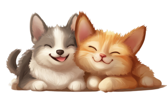 Happy dog and cat cuddling together on a transparent background, showcasing their playful and joyful expressions in vibrant colors