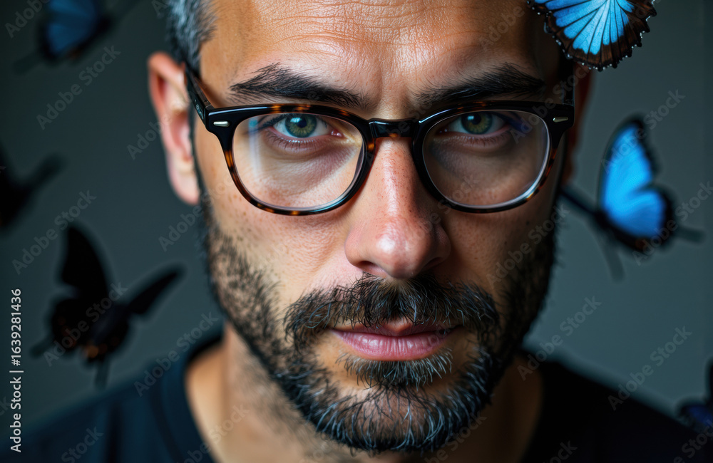 Poster close-up of a man with glasses surrounded by blue butterflies creating a captivating visual effect