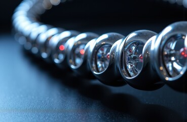Close-up of a row of shiny black and silver bowling balls on a dark surface