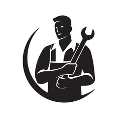 Illustration of a mechanic holding a wrench with a crescent shape behind him in black and white color