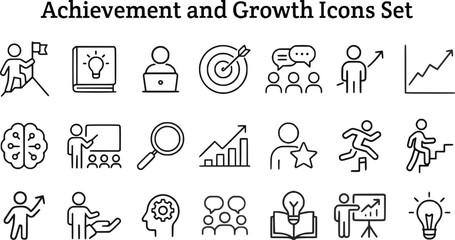 Achievement and growth icons set in line art showing business success, teamwork, learning, and innovation, Concept of progress, leadership, and goal setting
