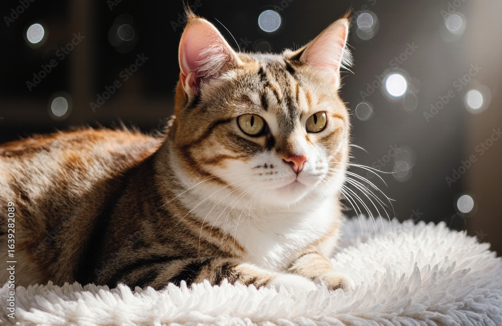 Poster a curious tabby cat relaxing on a soft white blanket with blurred lights in the background