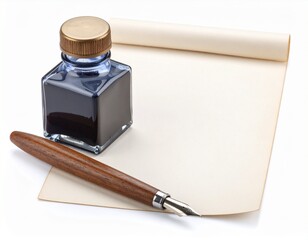 a black and white illustration of a scroll of paper with a quill pen resting on top of it. Old document writing tool for vintage letter creation.