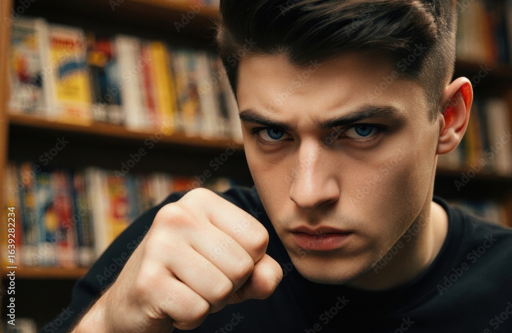 Poster young man with intense expression and clenched fist in a library setting