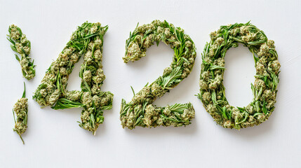 Number 420 made of cannabis flowers on light background. Symbol of marijuana smoking culture