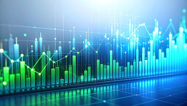 Futuristic financial chart with glowing graphs and data visualization representing stock market trading and business analytics.
