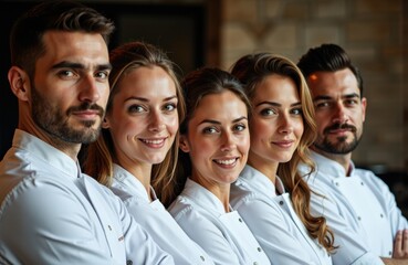 Fototapeta premium Group of five chefs standing together in a professional kitchen with confident expressions