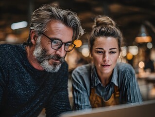Focused carpenter and apprentice collaborate, reviewing project blueprints on a laptop inside their workshop.