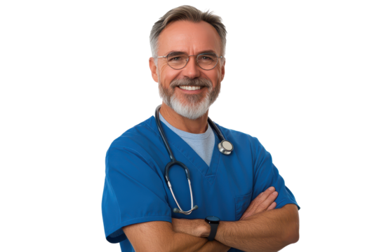 Friendly adult male dentist wearing blue scrubs smiles confidently with crossed arms in a well-lit dental office during office hours