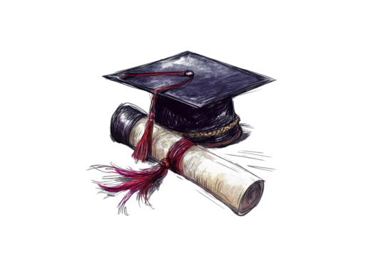 Graduation cap with tassel and rolled diploma resting on a table celebrating academic achievements and milestones in education - Powered by Adobe