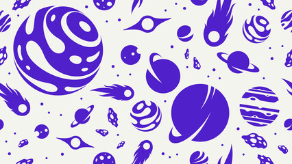 Space seamless background, vector planets and comets flying in cosmos endless wallpaper, astronomy for children tiling pattern, elements easy to use separately.