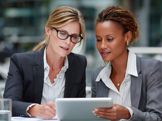 Two professional businesswomen review financial data displayed on a digital tablet du a meeting outdoors.