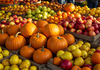 Harvest season market scene with crates of pumpkins apples and pears